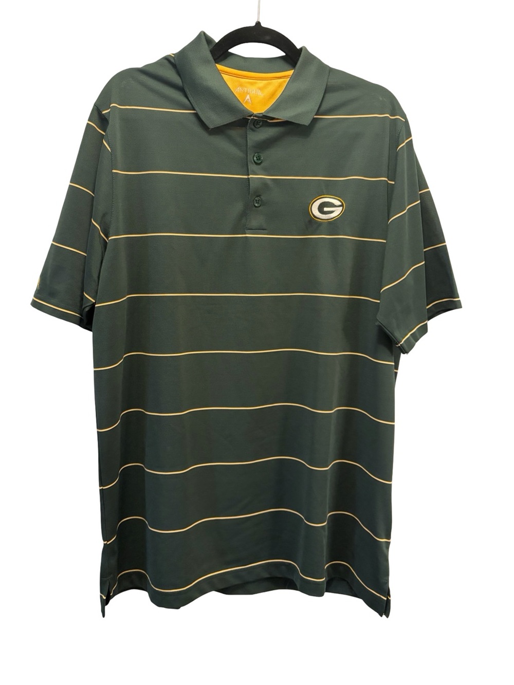 Green Bay Packers Polo Shirt Men's L Green Gold Striped NFL Football Antigua